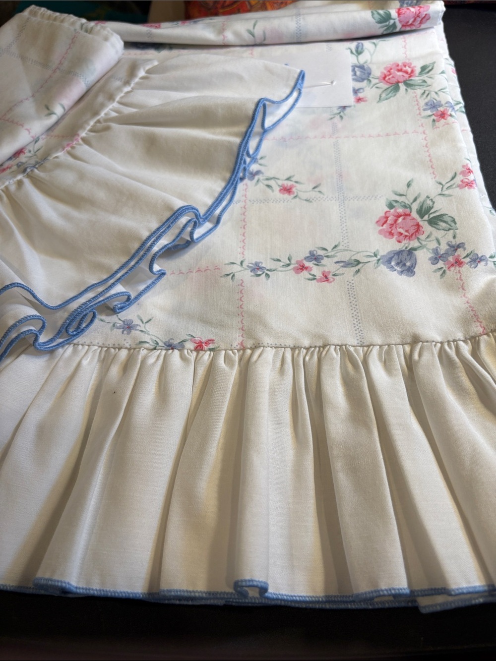 Vintage Floral Ruffled set of 2 pillowcases with Blue Trim - Cream Floral. FF